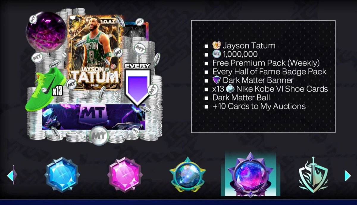 NBA 2K MyTEAM (@nba2kmyteam) on Twitter photo Congrats to <a href="/coachgates11/">GatesGamesGains</a> for being the first player to hit Dark Matter REP in #NBA2K25! 👏 🌌
Reaching this REP level includes G.O.A.T. Jayson Tatum with 99 attributes across the board and all badges at Hall of Fame 🤯
Who will be next to earn the most 🔥 player card in Congrats to <a href="/coachgates11/">GatesGamesGains</a> for being the first player to hit Dark Matter REP in #NBA2K25! 👏 🌌
Reaching this REP level includes G.O.A.T. Jayson Tatum with 99 attributes across the board and all badges at Hall of Fame 🤯
Who will be next to earn the most 🔥 player card in