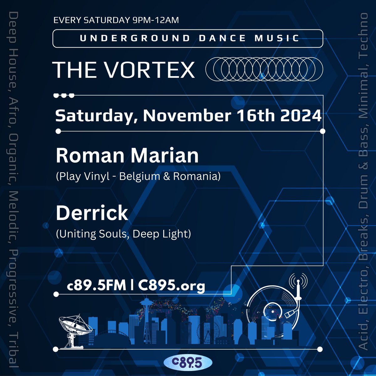 C89.5 Public Radio (@c895radio) on Twitter photo This Saturday the Vortex is bringing you  3οΈβ£ hours in the mix with host Derrick Deep and Roman Marian! Three hours will explore the sounds of deep breakbeats, minimal house and electro break beats deep house, mixed on vinyl! c895.org This Saturday the Vortex is bringing you  3οΈβ£ hours in the mix with host Derrick Deep and Roman Marian! Three hours will explore the sounds of deep breakbeats, minimal house and electro break beats deep house, mixed on vinyl! c895.org