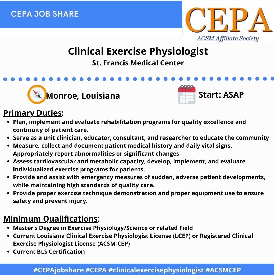 New job share - great opportunity for a Clinical Exercise Physiologist. Please share with your networks. More details on the hospital website 

eqtm.fa.us2.oraclecloud.com/hcmUI/Candidat…

<a href="/AACVPR/">AACVPR</a> <a href="/ACSMcareers/">ACSM Career Center</a>