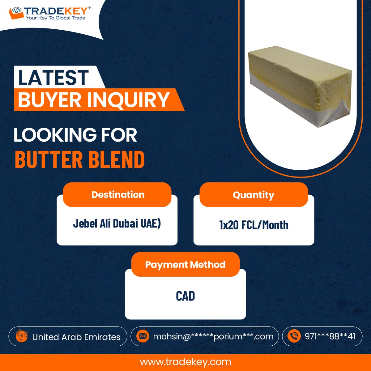 Check out the numerous buyer inquiries on TradeKey and join us to sell your Butter Blend to these eager buyers! 
Join Now 
importer.tradekey.com/search/index.h…  
#butterblend #foodingredients #bakingessentials #tradekey #wholesalefood #foodsuppliers #dairyproducts #cookingbutter