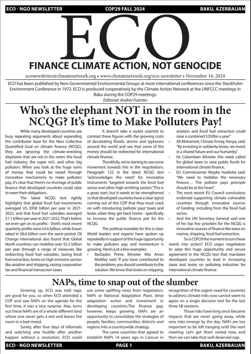 Day 6 at #COP29 and shockingly the fossil fuel industry thinks that they should be here amongst us🤯

Did they misread their calendars &amp; think this was the OPEC meetings? or are they here to #PayUp for the climate damage they have and continue to cause?

🔗climatenetwork.org/resource/eco-6…