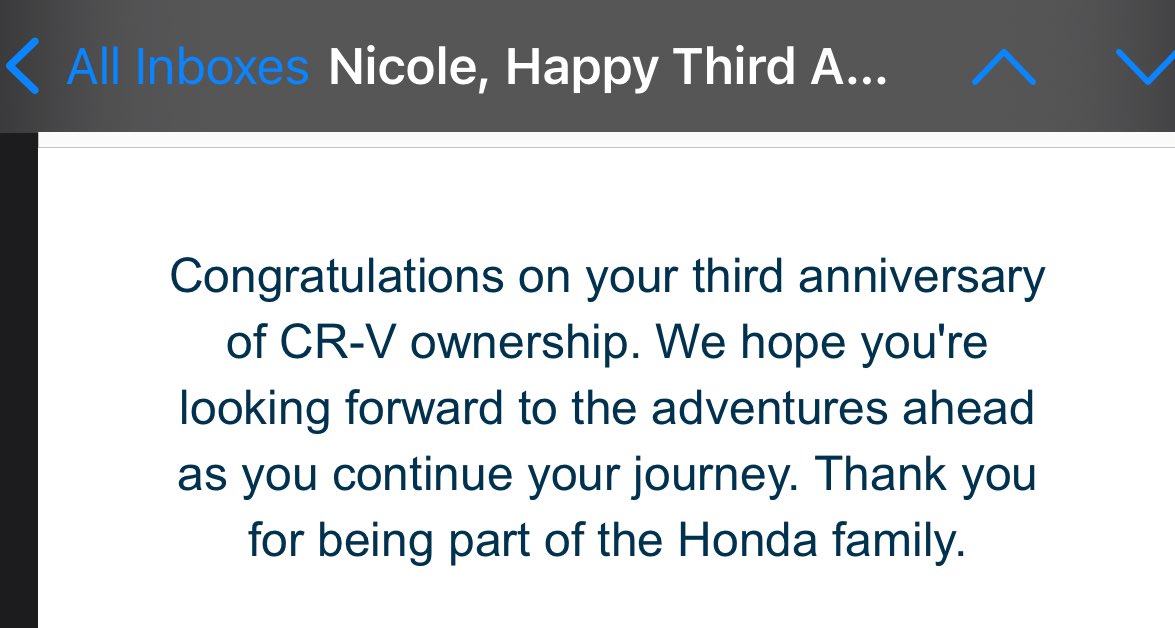 Got this email AND passed the 100,000 mile marker today! 🙄 <a href="/MohawkHonda/">Mohawk Honda</a>