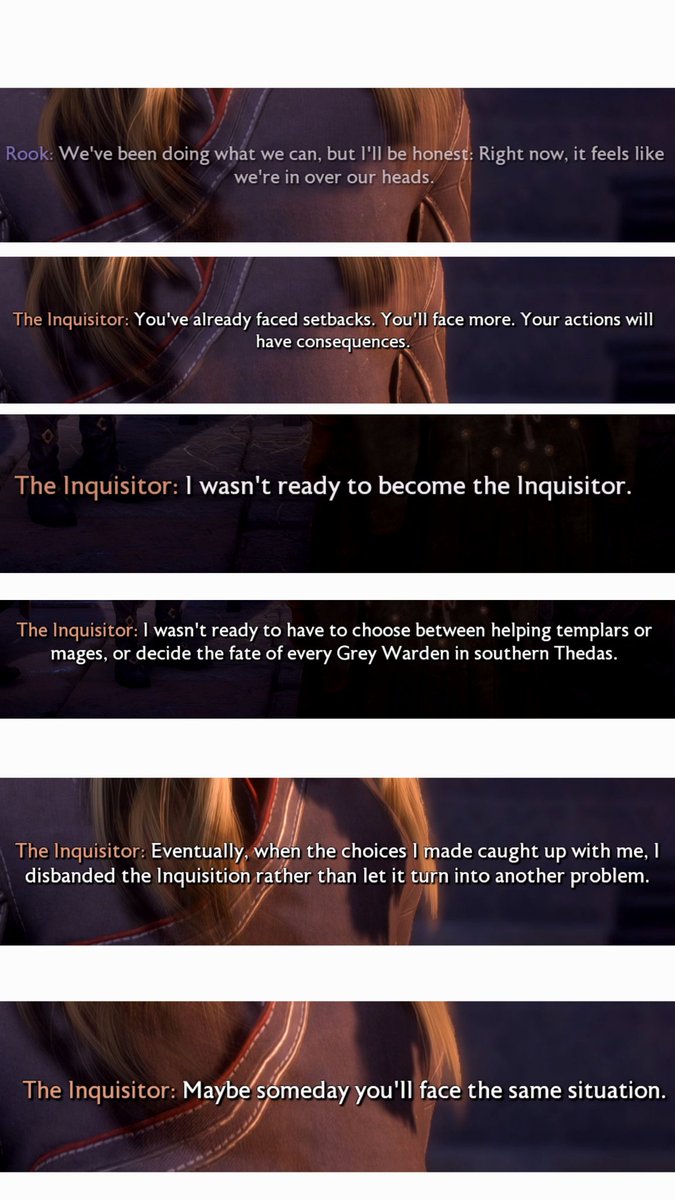 re_Fraine's tweet photo. Hearing this dialog option makes me sad, let the inquisitor retire already 😭
#veilguardspoilers https://t.co/RLw0VOCpXN