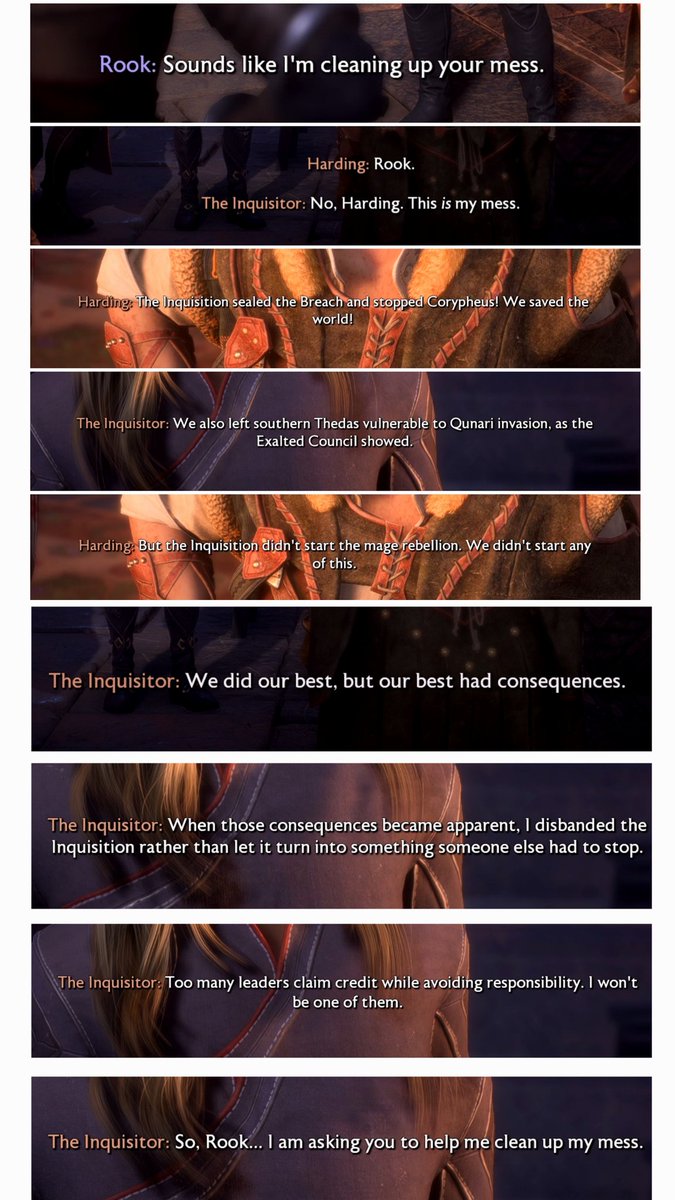 re_Fraine's tweet photo. Hearing this dialog option makes me sad, let the inquisitor retire already 😭
#veilguardspoilers https://t.co/RLw0VOCpXN