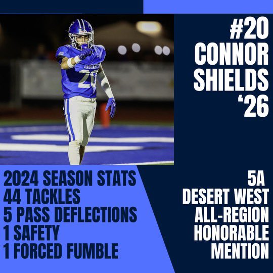 Connor Shields (@cjshields2525) on Twitter photo I am honored to be named 5A Desert West All-Region Honorable Mention for defensive backs. Thank you to all of the coaches that have helped me learn and grow.
<a href="/_thechampishere/">Jordan Champion</a> <a href="/CoachGehrts/">Nick Gehrts</a> <a href="/CoachHull_/">Austyn Hull</a> <a href="/CoachShields20/">Jim Shields</a> <a href="/_Lyon_Football/">Lyon Scots Football</a> <a href="/CoachKensey/">Brice Kensey</a> <a href="/AugieILfootball/">Augustana Football</a> <a href="/CVjagsfootball/">Canyon View Jaguar Football</a> I am honored to be named 5A Desert West All-Region Honorable Mention for defensive backs. Thank you to all of the coaches that have helped me learn and grow.
<a href="/_thechampishere/">Jordan Champion</a> <a href="/CoachGehrts/">Nick Gehrts</a> <a href="/CoachHull_/">Austyn Hull</a> <a href="/CoachShields20/">Jim Shields</a> <a href="/_Lyon_Football/">Lyon Scots Football</a> <a href="/CoachKensey/">Brice Kensey</a> <a href="/AugieILfootball/">Augustana Football</a> <a href="/CVjagsfootball/">Canyon View Jaguar Football</a>