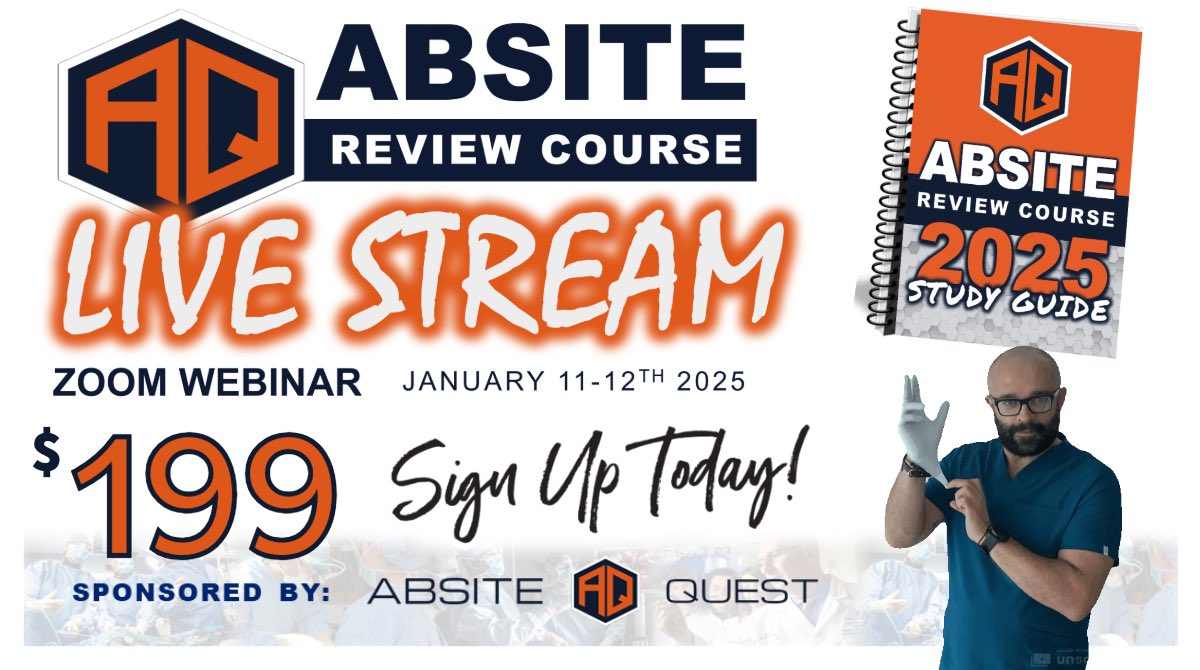 ABSITE Review Course (@absitecourse) on Twitter photo Surgical residents 🗣 Are you #ABSITE ready❓
Join us for 2️⃣ days of #ABSITE review 🧠 January 11-12th, 2️⃣0️⃣2️⃣5️⃣ 📌 
Registration➕recorded lectures💲199
📬Sign-up here 👉 absitequest.com/review-course Surgical residents 🗣 Are you #ABSITE ready❓
Join us for 2️⃣ days of #ABSITE review 🧠 January 11-12th, 2️⃣0️⃣2️⃣5️⃣ 📌 
Registration➕recorded lectures💲199
📬Sign-up here 👉 absitequest.com/review-course