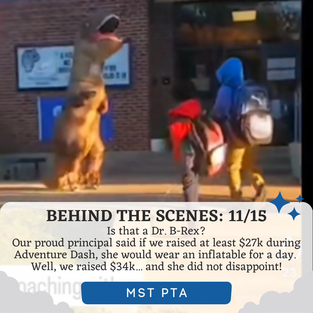 Is that a Dr. B-Rex? Our proud principal said if we raised at least $27k during Adventure Dash, she would wear an inflatable for a day. Well, we raised $34k... and she did not disappoint!