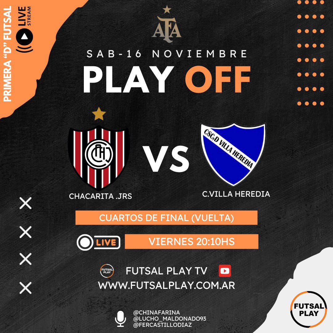 FutsalPlayTv's tweet photo. ¡Transmisión en vivo!

⚽️ Chacarita Jrs. - Villa Heredia

🗓️ Sábado 16/11
⌚️ 20.10

🛣️ Cuartos de final (vuelta)
🏆 Play off - AFA

📲 https://t.co/IBLlE6L9zV https://t.co/JBgFeQSbqb
