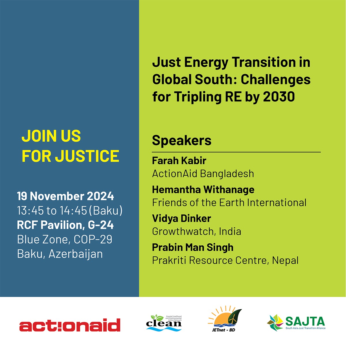 CLEAN (@cleanbd) on Twitter photo 🌍 Join us at #COP29! 🌟 Meet Farah Kabir (<a href="/ActionAid/">ActionAid</a>), <a href="/Hemanthawithana/">Hemantha Withanage</a>, <a href="/DinkerVidya/">Vidya Dinker</a>, <a href="/prabinmansingh/">Prabin Man Singh</a> on 19 Nov 2024 (2:45–3:45 PM) at the Regional Climate Foundation Pavilion (G-24) in Baku.
Let’s discuss transformative climate solutions✊
#ClimateAction 🌍 Join us at #COP29! 🌟 Meet Farah Kabir (<a href="/ActionAid/">ActionAid</a>), <a href="/Hemanthawithana/">Hemantha Withanage</a>, <a href="/DinkerVidya/">Vidya Dinker</a>, <a href="/prabinmansingh/">Prabin Man Singh</a> on 19 Nov 2024 (2:45–3:45 PM) at the Regional Climate Foundation Pavilion (G-24) in Baku.
Let’s discuss transformative climate solutions✊
#ClimateAction