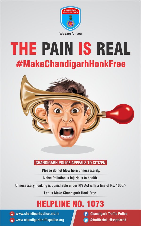 trafficchd's tweet photo. Noise can fill your ears, and put you in tears!! Honking leads to hearing loss, hypertension, stress &amp; cardiovascular diseases. In case of any traffic-related emergency, Call our Helpline No.1073. #StopHonking #Honk #NoHonking #Horn
#MakeChandigarhHonkFree
#WeCareForYou https://t.co/qpl1NLstqT
