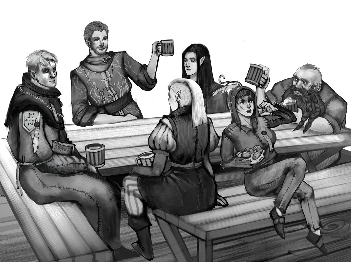 Made a drawing of our Enemy Within party. My character Ingrid, a witch hunter and captain of the barge, lost a lot of old friends during the events in Bogenhafen, but the city is, thankfully, saved. Now she gathered new crew members and the team is ready to face Death on the Reik