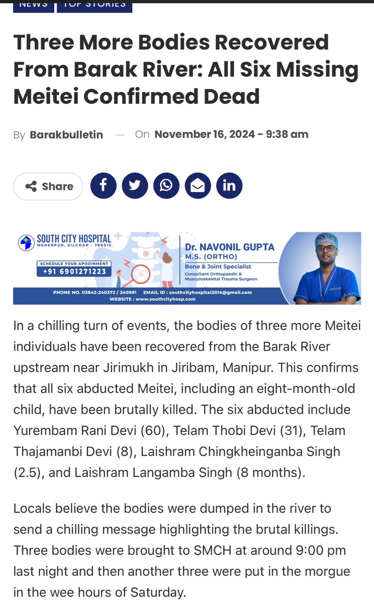 ‼️All six missing #Meiteicivilians who were taking refuge at Jiribam Relief camp abducted by #KukiNarcoTerrorists found dead
Bodies dumped in the Barak River
#KukiWarCrimes 
Brutally murdering an infant, 2.5 years old baby
Smashing their heads‼️
Worst crime in history of India‼️