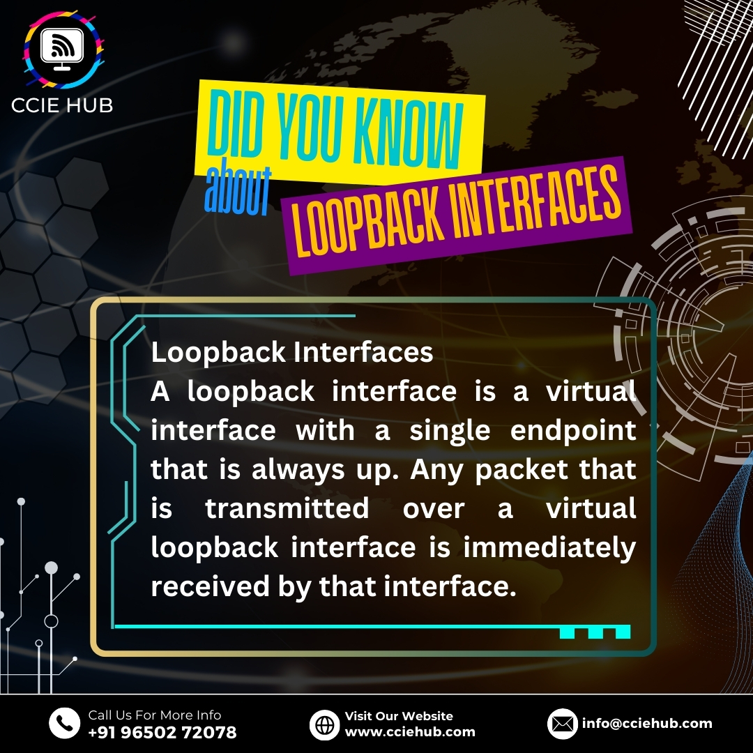 cciehub's tweet image. &quot;Loopback interfaces are always up, ensuring reliable connectivity and testing! Perfect for efficient network configurations. 🔄 #LoopbackInterface #Networking #NetworkTips #TechFacts #ITInfrastructure #Routing #NetworkEngineer #VirtualInterface #CCNA #CCIEHub&quot;