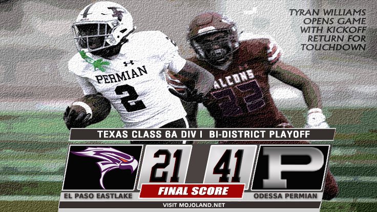 Class 6A Texas HS Football
Bi-District Playoff
Odessa Permian - 41
El Paso Eastlake - 21
Final Score
#Txhsfbplayoffs