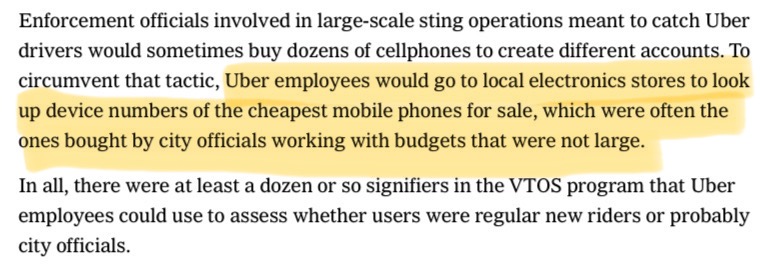 hnshah's tweet photo. Uber's Greyball program was wild.

Says a lot about the culture that employees across countries were willing to go to these lengths.

They dodged city regulators at the same time they were lobbying them to change the rules. https://t.co/nfmocwT8dp