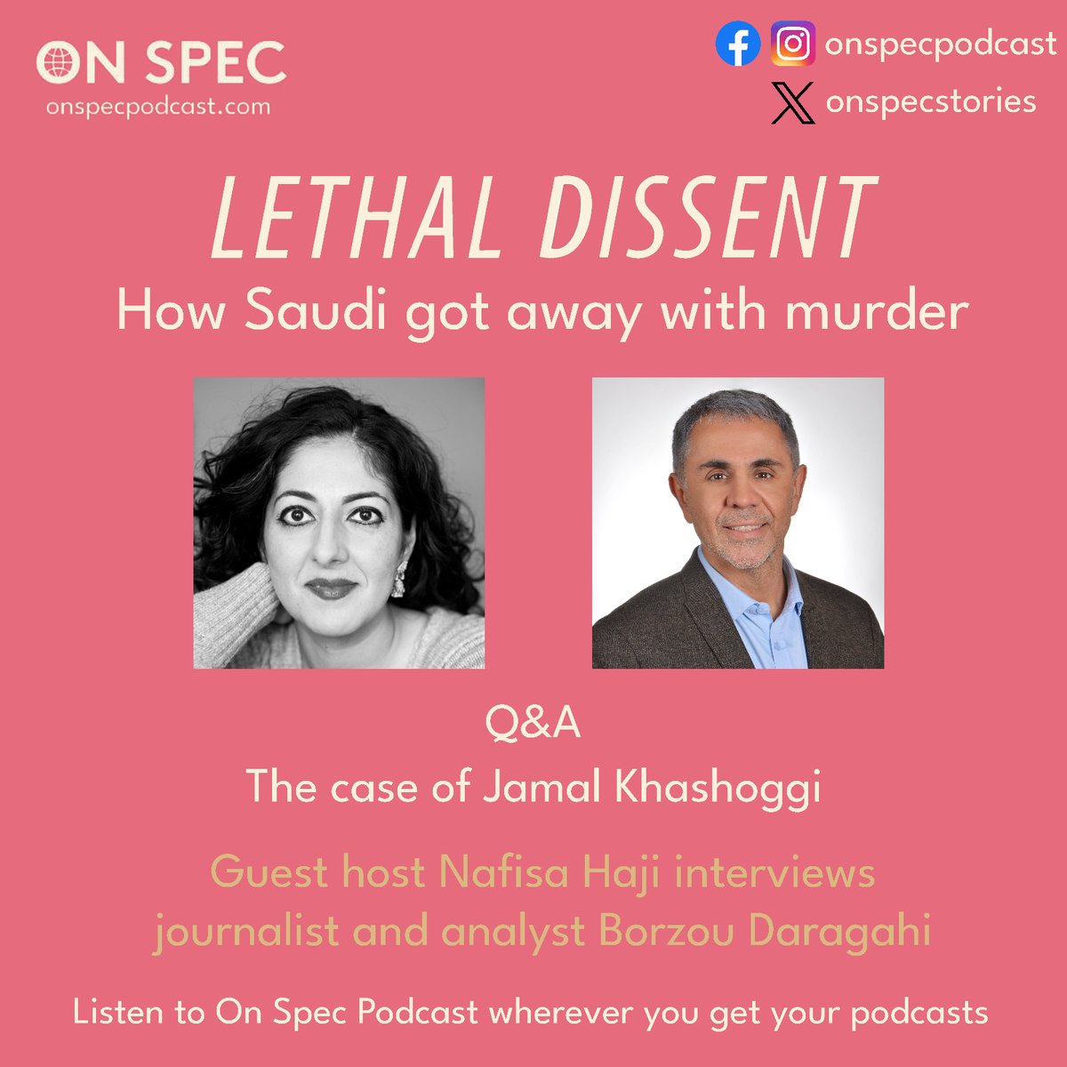 🎙️On Spec Podcast🗞️ (@onspecstories) on Twitter photo In our latest Q&A sessions, journalist <a href="/borzou/">Borzou Daragahi 🖊🗒</a> talks about what it was like covering the killing of Jamal #Khashoggi, and what the case means for impunity and transnational repression. Listen on all major podcast platforms, or here: onspecpodcast.com/season-five-le… In our latest Q&A sessions, journalist <a href="/borzou/">Borzou Daragahi 🖊🗒</a> talks about what it was like covering the killing of Jamal #Khashoggi, and what the case means for impunity and transnational repression. Listen on all major podcast platforms, or here: onspecpodcast.com/season-five-le…