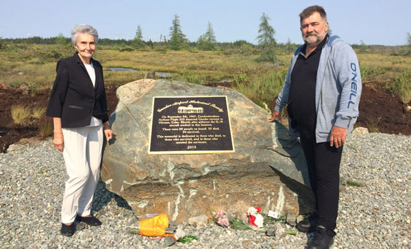 Alena Zimova &amp; Michael Kloc, 2 survivors of the 1967 Czechoslovakian Airlines 523 crash, visit the memorial at the crash site on the 50th anniversary of the occasion at Gander airport. The crash story ganderairporthistoricalsociety.org/_html_trans/Cz…