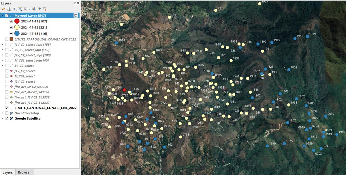 🛰 Los datos satelitales pueden aportar información de donde 'inicio" el incendio y su trayectoria. Los datos MODIS y VIIRS, muestran un fuego activo (🔴 punto rojo) qué comienza en el sector El Prado (Malacatos) el 11 de noviembre tipo 14:00 horas de Ecuador.. 1/2