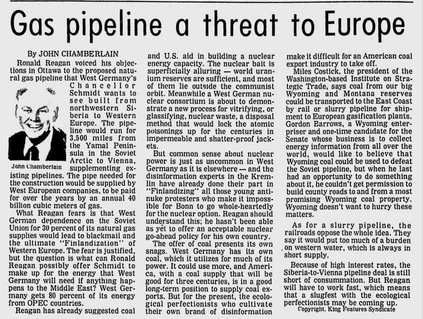 JensWalterEU's tweet photo. Flashback:
"What Reagan fears is that West German dependence on the Soviet Union for 30 percent of its natural gas supplies would lead to blackmail and the ultimate "#Finlandization" of Western Europe."
St. Joseph Gazette 28. Aug. 1981
https://t.co/4oZDRdk0Q1 https://t.co/CFjLemFZq5