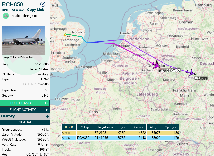 SirListenalot's tweet photo. #KC135 #AE04FB #BLUE32 & #KC46 #AE63C2 #RCH850 (future #BLUE31) en route Mildenhall - Al-Udeid for upcoming #CoronetEast 003 https://t.co/p9iap5HbnL