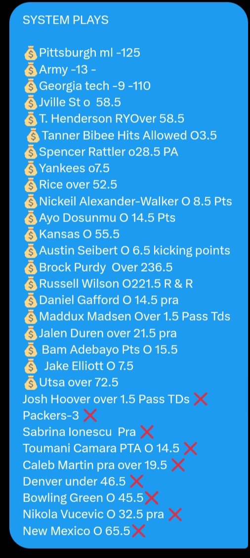 BobSportsBets's tweet photo. 25--0  SYSTEM PLAY  

🐳  21-9 RUN 🔥🔥🔥

🧨 3 IN A ROW TODAY ?

🔹1ST 30  DM "🐳"

🔹$15 / MARCH MADNESS 

#sportsbettor 
#freepick  #nhl
#ncaaf  #fanduel 
#BobSportsBets 
#GamblingTwitter
#Prizepicks  #Maxbets #SportsGambling
#DraftKings #NCAAB https://t.co/8OQOnuN1r9