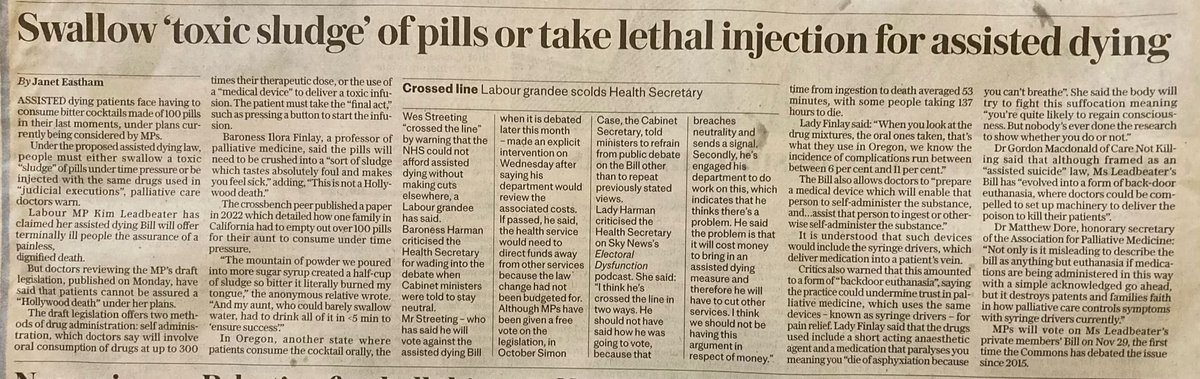 Professor of Palliative Care(Baroness)Ilora Finlay spells out realities of how euthanasia Bill will end lives-“Toxic sludge of pills or lethal injection..it’s not a Hollywood death” Attempts to silence <a href="/wesstreeting/">Wes Streeting</a> for doing his job &amp; explaining the consequences for NHS-T’graph