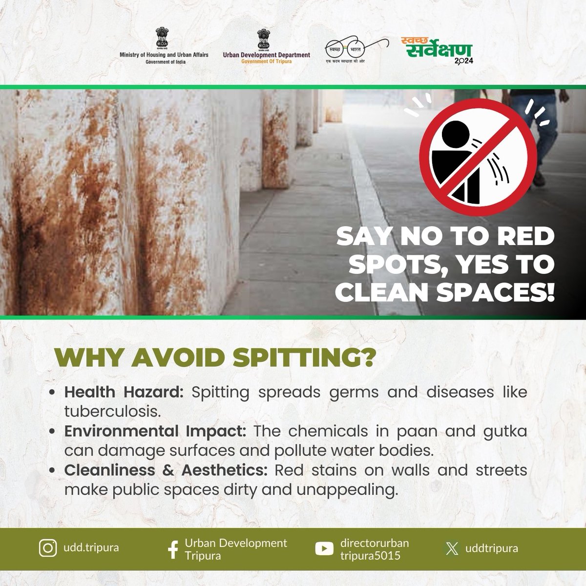 uddtripura's tweet photo. Spitting gutka and paan in public places harms our environment and spreads diseases. Letโs keep our cities clean by avoiding these habits, using spittoons, and disposing waste properly. Together, we can create a healthier, cleaner community! ๐ท๐ท #NoMoreRedSpots #CleanIndia https://t.co/wGg98bNsFG