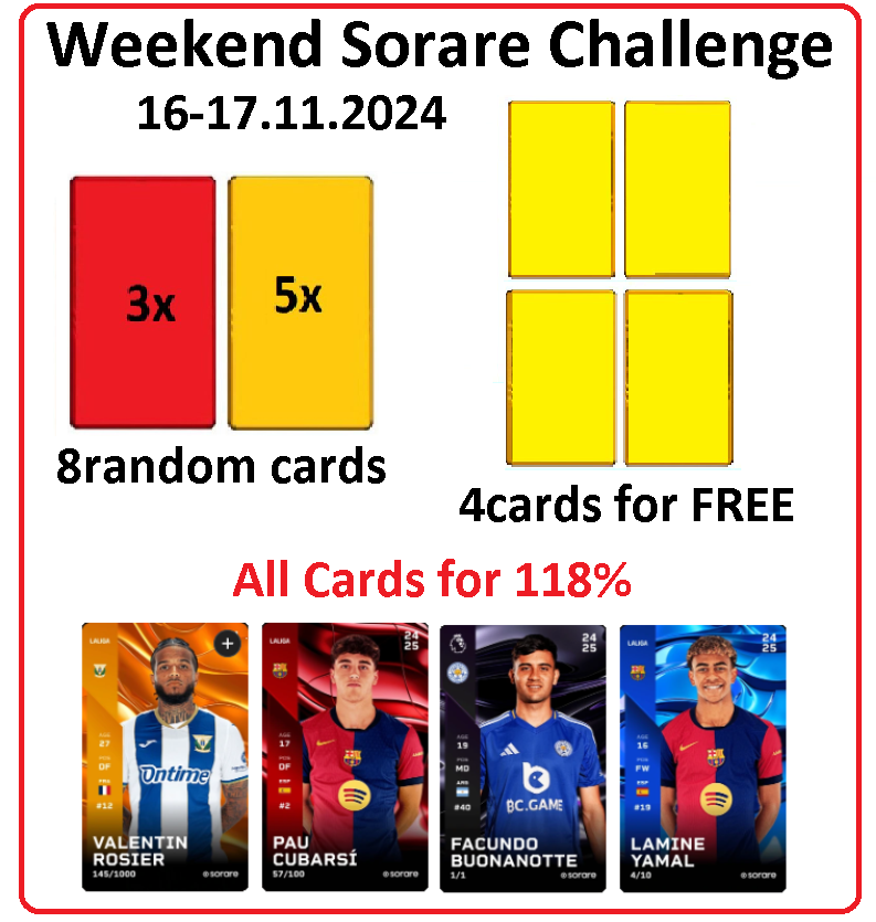 Weekend <a href="/Sorare/">Sorare</a> Challenge Starts Now 16-17.11.2024👀
1⃣ Swap ALL my CARDS for 118% of Your cards value! 🔝
2⃣ 3 Rare and 5 Limited random cards for 5 people who make at least one transaction with me within 48 hours! 😍
3⃣ Get a card for🆓!!! 4x Limited cards for 4 random people -