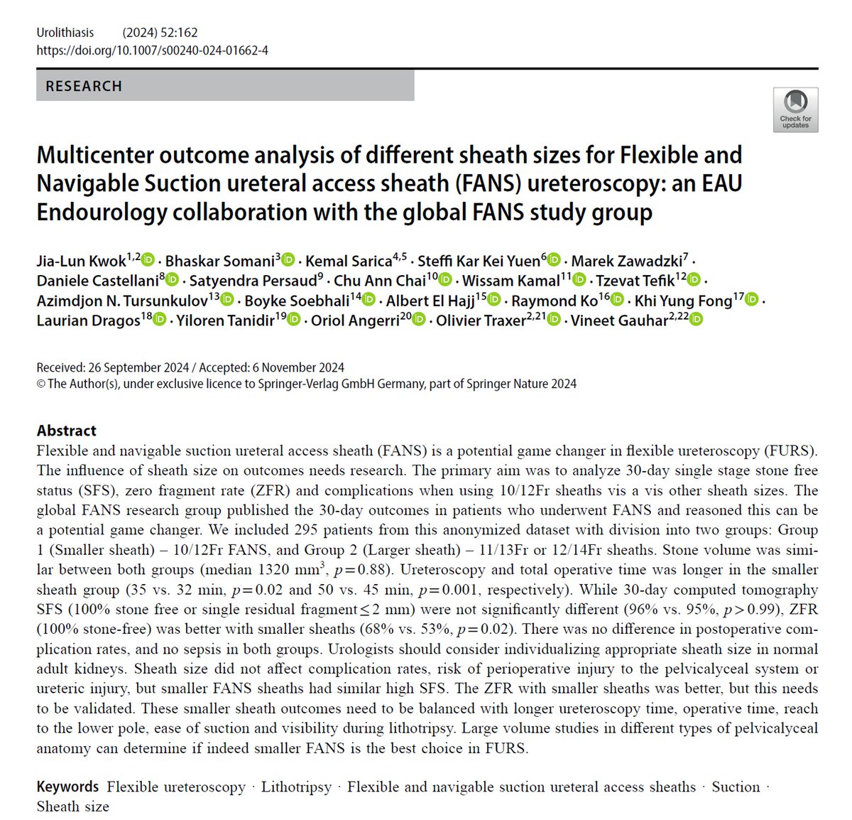 Jia-Lun Kwok (@jl_kwok) on Twitter photo Different sheath sizes in FANS
Multicenter outcomes
Smaller🆚Larger sheaths
🔗rdcu.be/d0oMm
doi.org/10.1007/s00240…
➡️Future evaluation: larger volume, anomalous anatomy
#EAUEndourology
<a href="/endouro/">Prof Bhaskar Somani</a> <a href="/OTRAXER/">Olivier Traxer</a> <a href="/DocGauhar/">DrG</a> <a href="/steffiyuen/">Steffi Yuen</a> <a href="/drkemalsarica/">Kemal Sarıca</a> <a href="/tzevattefik/">Tzevat TEFIK</a> <a href="/mzawadzk1/">Marek Zawadzki</a> Different sheath sizes in FANS
Multicenter outcomes
Smaller🆚Larger sheaths
🔗rdcu.be/d0oMm
doi.org/10.1007/s00240…
➡️Future evaluation: larger volume, anomalous anatomy
#EAUEndourology
<a href="/endouro/">Prof Bhaskar Somani</a> <a href="/OTRAXER/">Olivier Traxer</a> <a href="/DocGauhar/">DrG</a> <a href="/steffiyuen/">Steffi Yuen</a> <a href="/drkemalsarica/">Kemal Sarıca</a> <a href="/tzevattefik/">Tzevat TEFIK</a> <a href="/mzawadzk1/">Marek Zawadzki</a>
