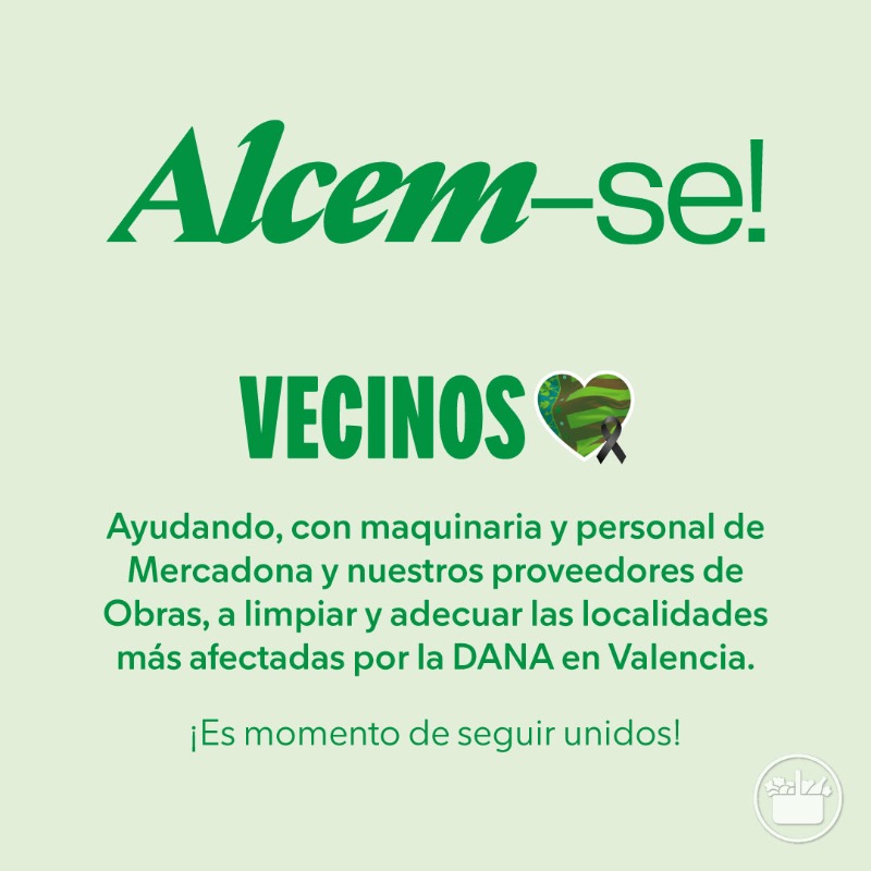 Mercadona's tweet photo. Alcem-se! Vecinos💚.
Estamos ayudando con maquinaria y personal de #Mercadona y nuestros proveedores de Obras a limpiar y adecuar las localidades afectadas por la DANA en Valencia. Además, seguimos donando y distribuyendo toneladas de alimentos. #RespuestaDANAMercadona