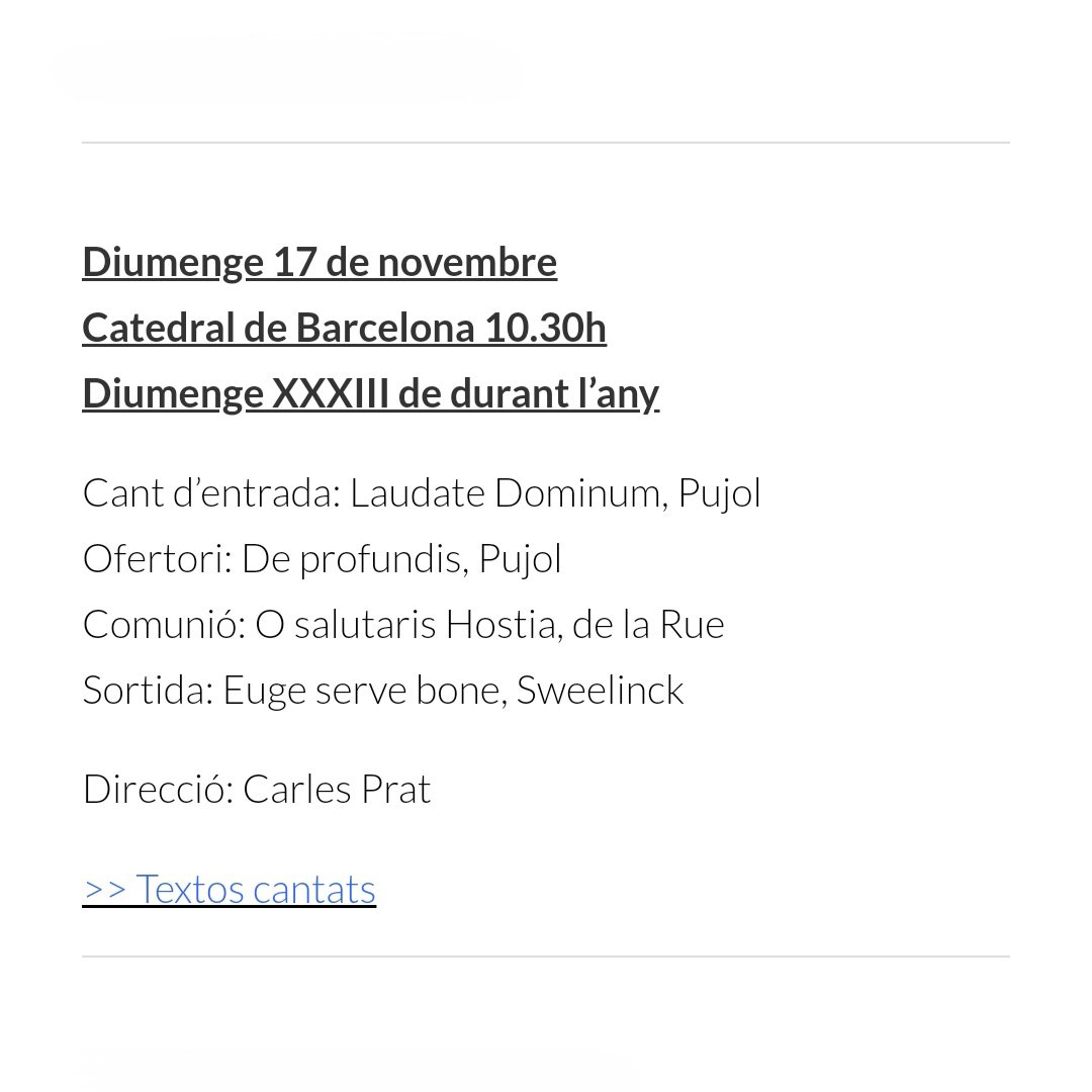 Cor Francesc Valls (@corcatedralbcn) on Twitter photo Motets de Pujol, de la Rue i Sweelinck per la missa de demà diumenge 17 de novembre a la Catedral de Barcelona (10.30h)
Direcció: Carles Prat
<a href="/catedralbcn/">Catedral de Barcelona</a> <a href="/CarlesPrat4/">Carles Prat Vives</a> Motets de Pujol, de la Rue i Sweelinck per la missa de demà diumenge 17 de novembre a la Catedral de Barcelona (10.30h)
Direcció: Carles Prat
<a href="/catedralbcn/">Catedral de Barcelona</a> <a href="/CarlesPrat4/">Carles Prat Vives</a>