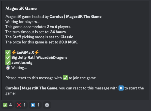 New MagestiK Game waiting for players!

20 $MGK to be won.

Link to the discord in the 🧵

#MultiversX #MultiversXNFT #tabletopgame