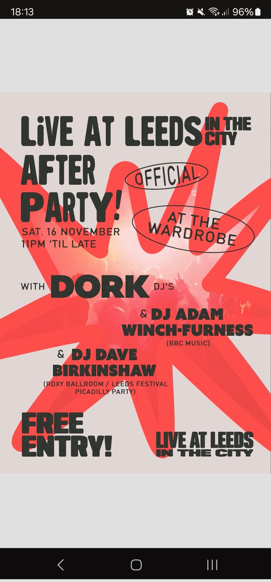 Live At Leeds day ! 🥳  looking forward to seeing everyone, catching a load of bands then doing the official afterparty with <a href="/AWinchFurness/">Adam Winch-Furness</a> &amp; <a href="/readdork/">Dork</a> DJs inbetween us, free entry all night to non LAL wristband holders too, let's go <a href="/liveatleedsfest/">Live at Leeds</a>