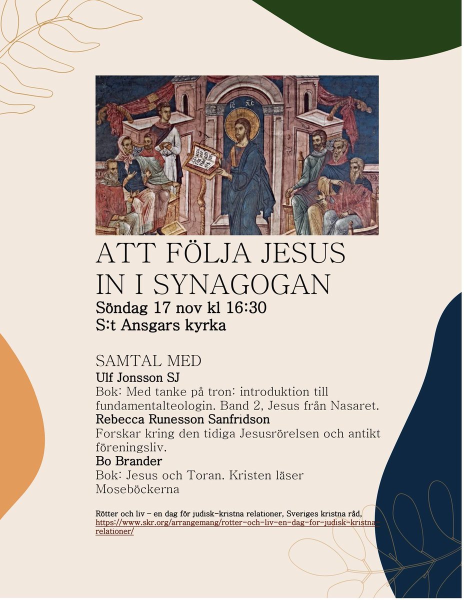 sankt_ansgar's tweet image. Att följa Jesus in i synagogan

I morgon söndag 17 nov 16:30 i Sankt Ansgars kyrka

Medverkande: Ulf Jonsson SJ, Rebecca Runesson Sanfridson, Bo Brander