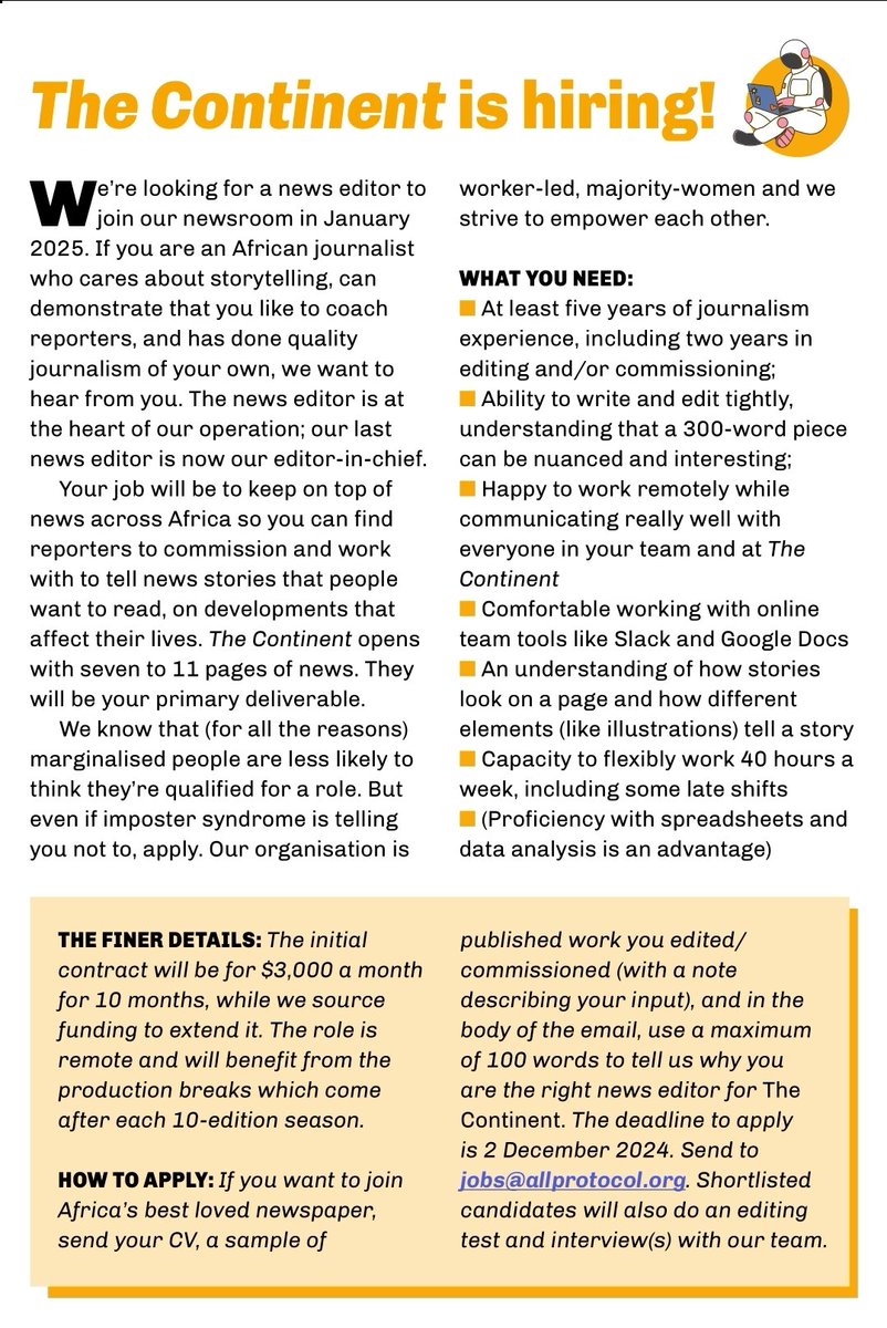 Africa's best-loved newspaper (<a href="/thecontinent_/">The Continent</a>) is hiring. 🟧