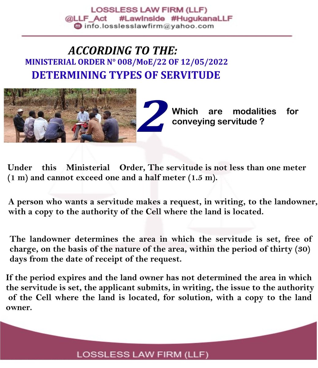 LLF_Act's tweet photo. Based on the Minister's Order N° 008/MoE/22 of 12/05/2022 determining types of servitude, Which are modalities for conveying Servitude? #HugukanaLLF @250_freddy81476 @UR_Law_Students @LawUlk @UNILAK_LSS @UncleGobby @nkundineza_eric @Raissak49 @Abayo_Advocates https://t.co/0bVqaeceRa