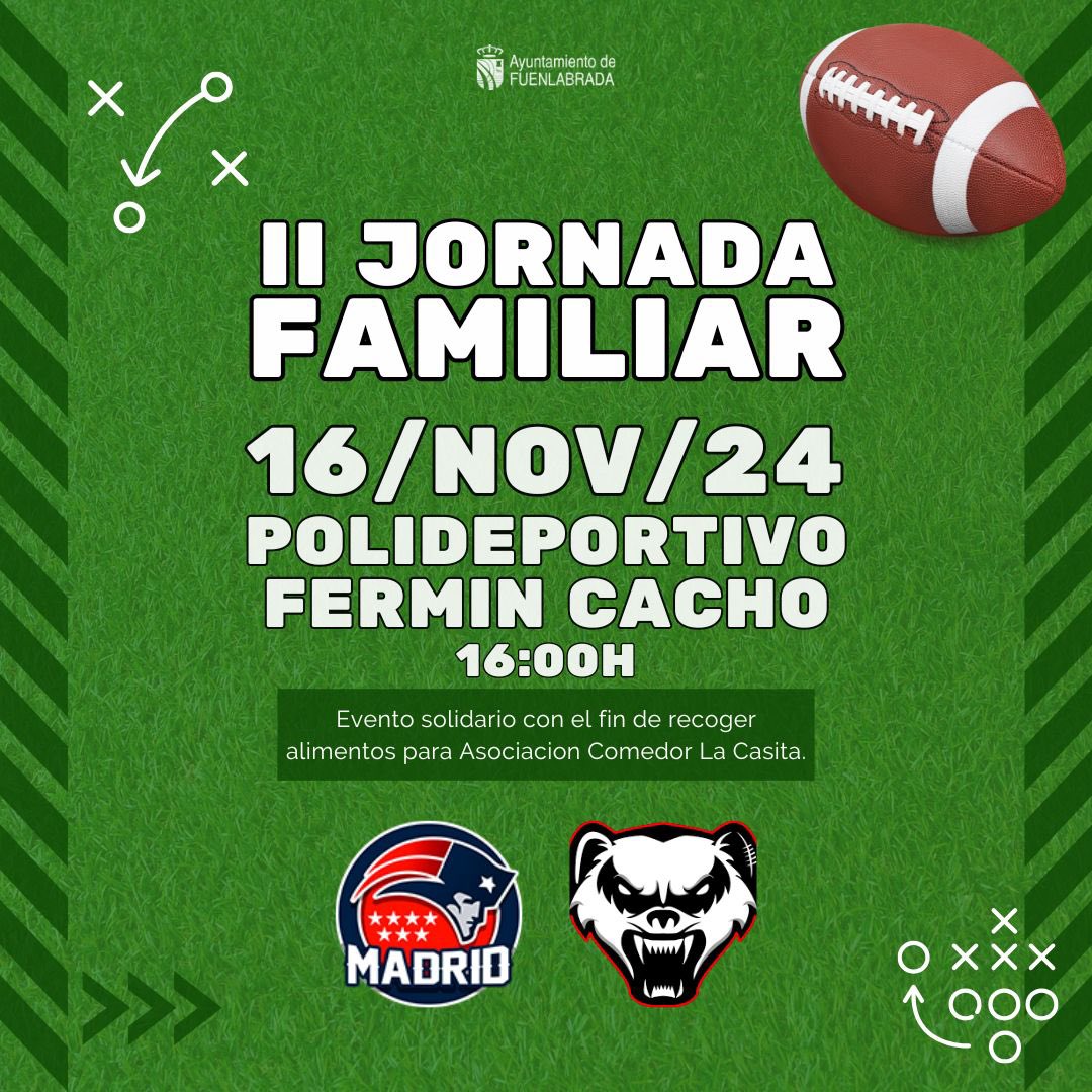 PatriotsMadrid's tweet photo. ¡Hoy es el gran día! Nos vemos a las 16:00 en el Polideportivo Fermín Cacho con @WOLVERINES_AF
¡No faltes! 🎉
#PatriotsMadrid #WolverinesSolidarios #EventoSolidario https://t.co/IIuEoPSKUM