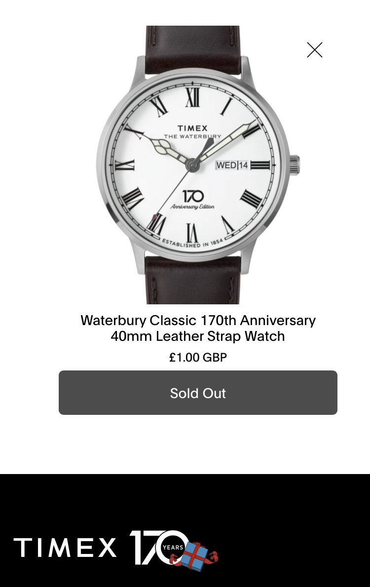 znaf's tweet photo. ⁦@timex⁩ poor show , no stock available on website at launch time and shortly after.. why promote as being online when you have no intention of selling them. Poor show timex https://t.co/u2FZT7aVbn