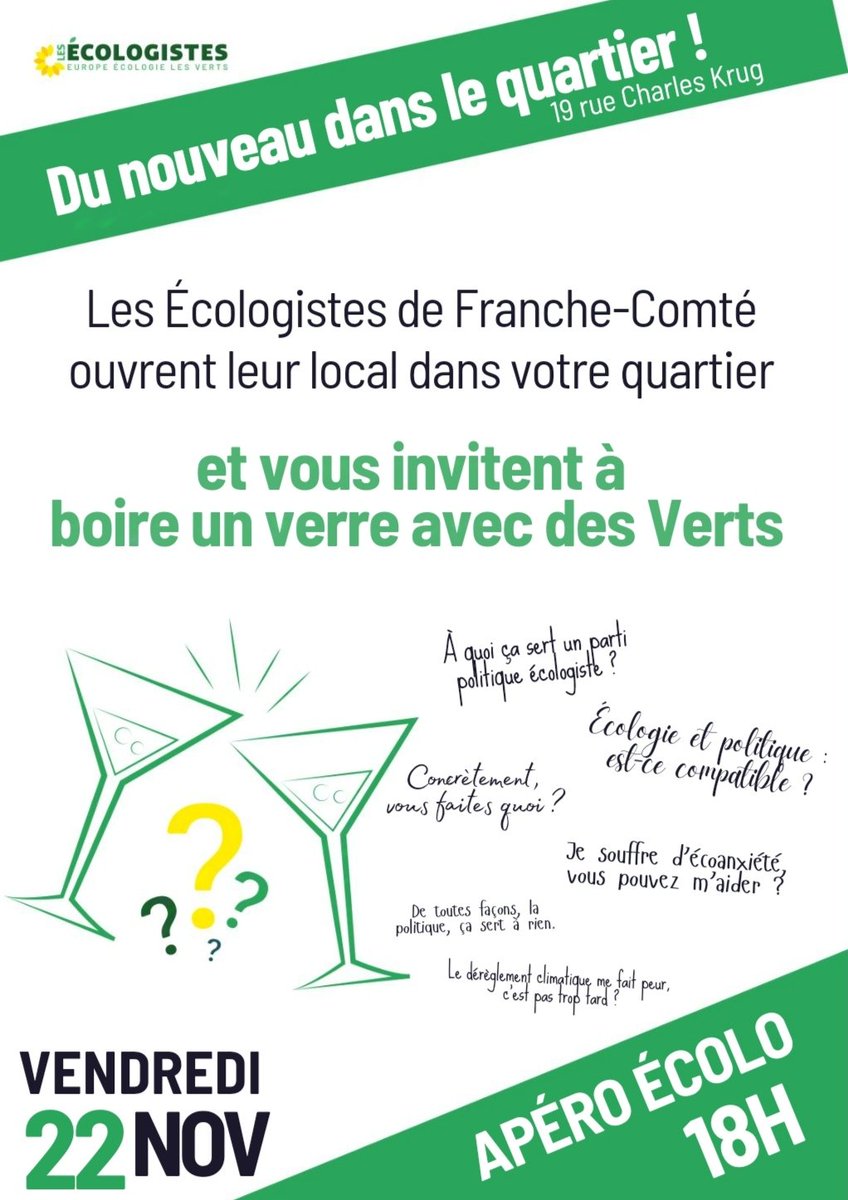 Vous vous intéressez à l'écologie ? A la politique ? Rdv au local des écologistes de Franche-Comté, au 19 rue Krug  a Besançon, vendredi 22 novembre de 18h à 20h !