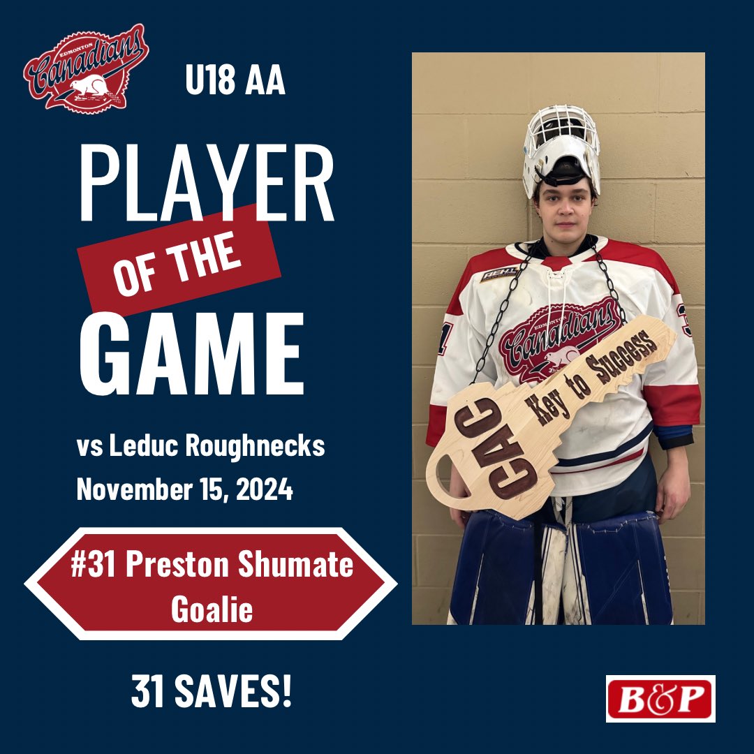 Congratulations to tonight's #POG Preston Shumate! Impressive performance between the pipes to lead us to the win! 🥅🎉 
#cacproud