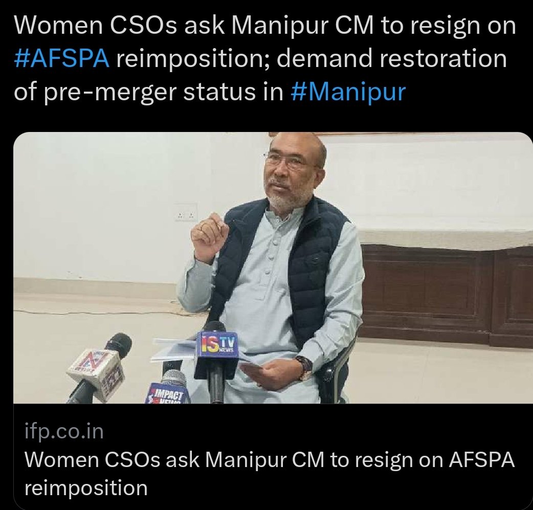 ManipurTimes's tweet photo. Women CSOs ask #Manipur CM to resign on #AFSPA reimposition

‘Restore Manipur’s pre-merger status’

Expressing anger against reimposition of AFSPA in areas under six police stations, different women civil society organisations demanded resignation of the state government and restoration of pre-merger status in Manipur.

Speaking to media on Friday at Nupi Samaj office AMKIL president Lourembam Nganbi said, AFSPA which was imposed in Manipur since 1980 was withdrawn from Greater Imphal area covering seven assembly segments in 2004.

Read more https://t.co/aYaDP33q6v