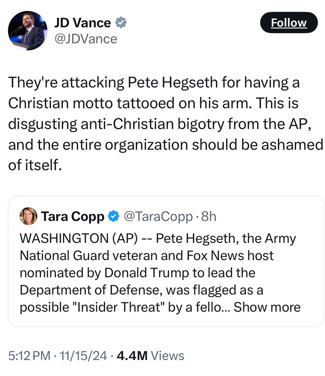 BadFoxGraphics's tweet image. Pete Hegseth, who fathered a child out of wedlock with @FoxNews producer Jennifer Rauchet in Aug 2017 then was accused of sexual assault of another woman in Oct 2017 while still married to his second wife, applauds @JDVance for stance against perceived “anti-Christian bigotry”