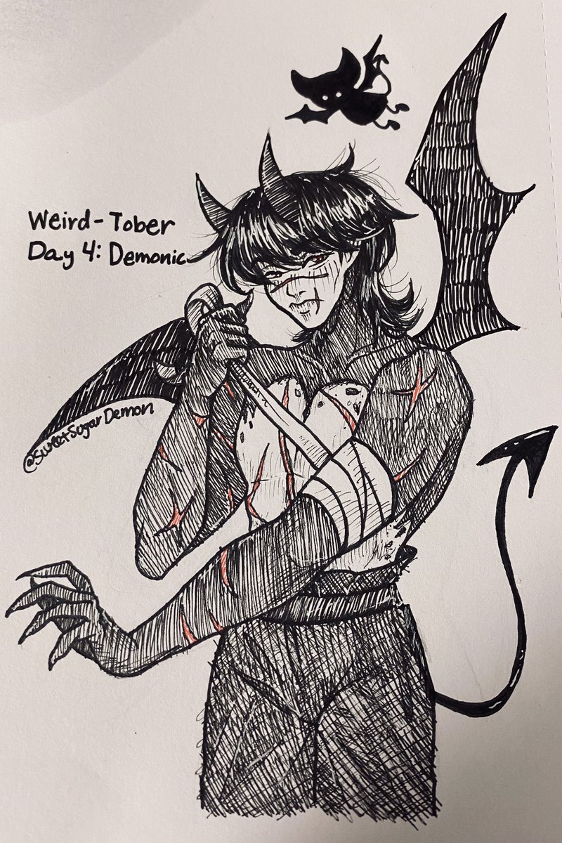 SweetSugarDemon's tweet photo. Day4: Demonic 
There’s going to be more of this demon and his companion later😉🤭
•
•
•
#tapeweirdtober #art #weirdtober #traditionalart #pencilsketch #sketchart #sketch #oc #ocdrawing #occharacter #ocredraw #demon #demonic #demonoc https://t.co/fmgYjBLiE1