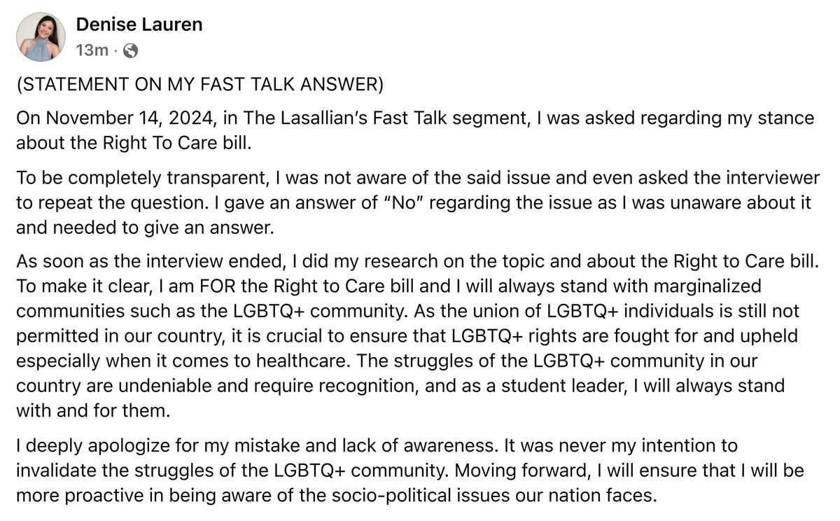 TheLaSallian's tweet photo. UNIVERSITY: Executive Secretary aspirant Denise Lauren from Santugon sa Tawag ng Panahon released a statement regarding her initial disagreement to the Right to Care bill in The LaSallian’s Fast Talk segment, clarifying that she is for it after learning post-interview. #TLSSE2024 https://t.co/tRbdPoJMdf