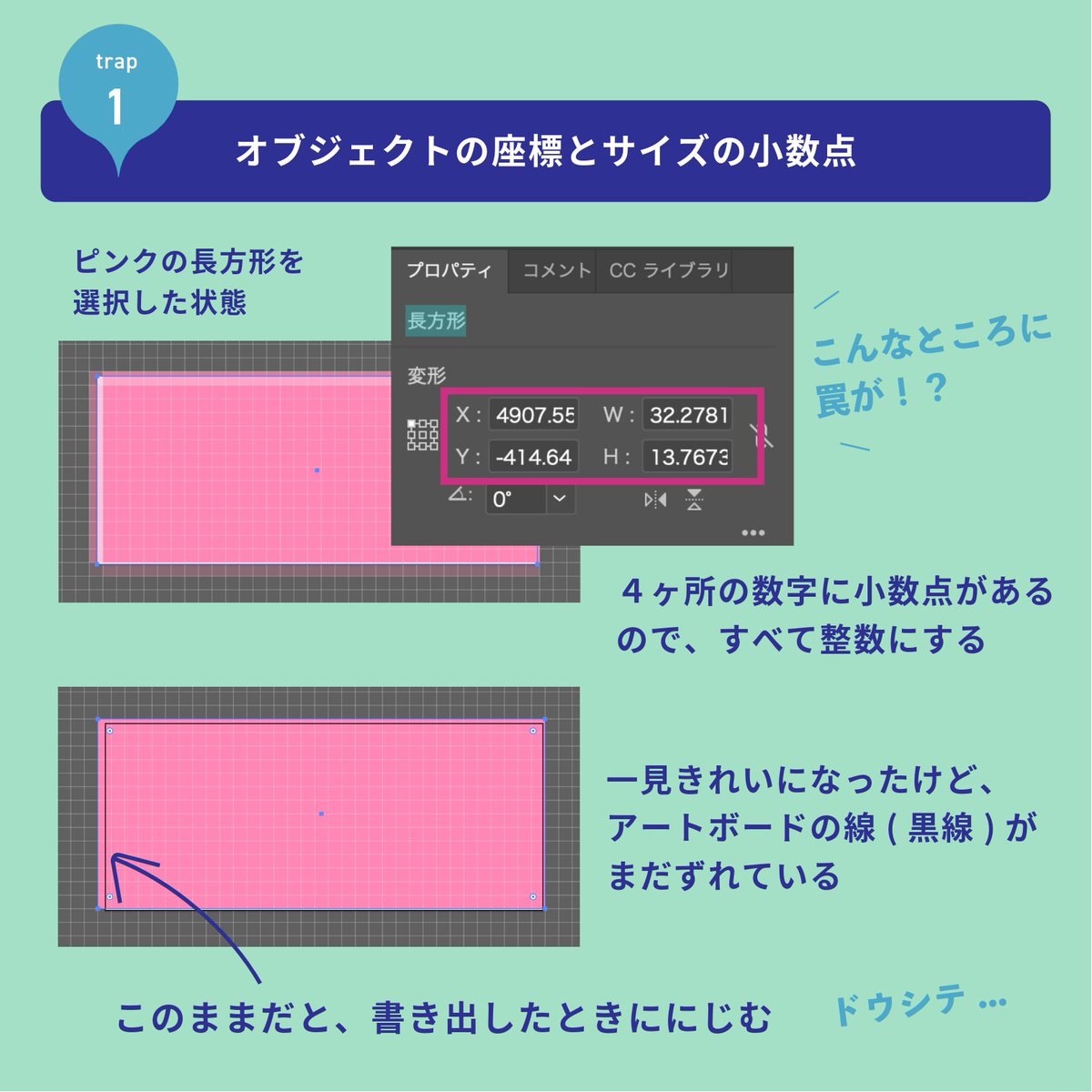shamojiko's tweet photo. Illustratorで画像を書き出したときにピクセルがにじむというかエッジがボケるというか、1ピクセル増えたり減ったりとかこれが原因の場合が多いかも
二段構えの罠なので気をつけて！ https://t.co/La5K86TBPA