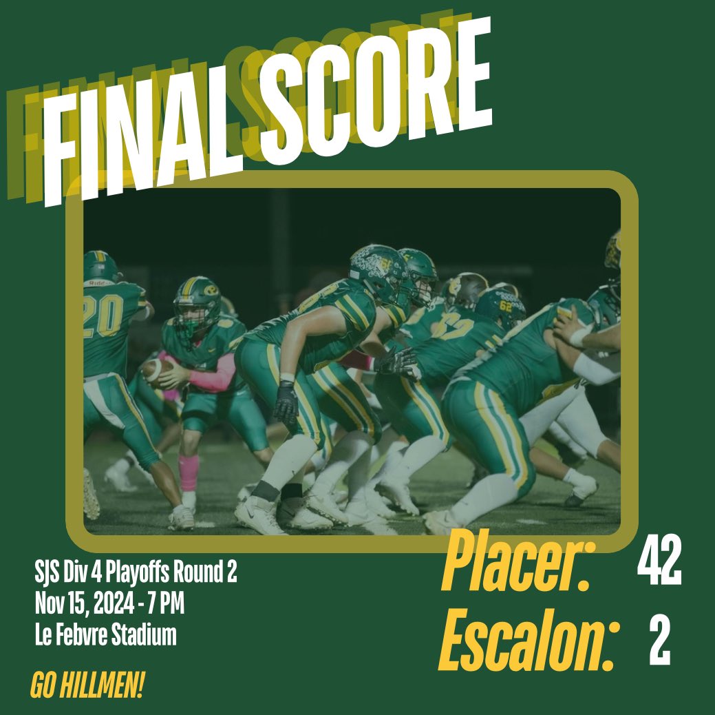 Final Score: Placer 42 - Escalon 2

On to the semis!

#GoHillmen!