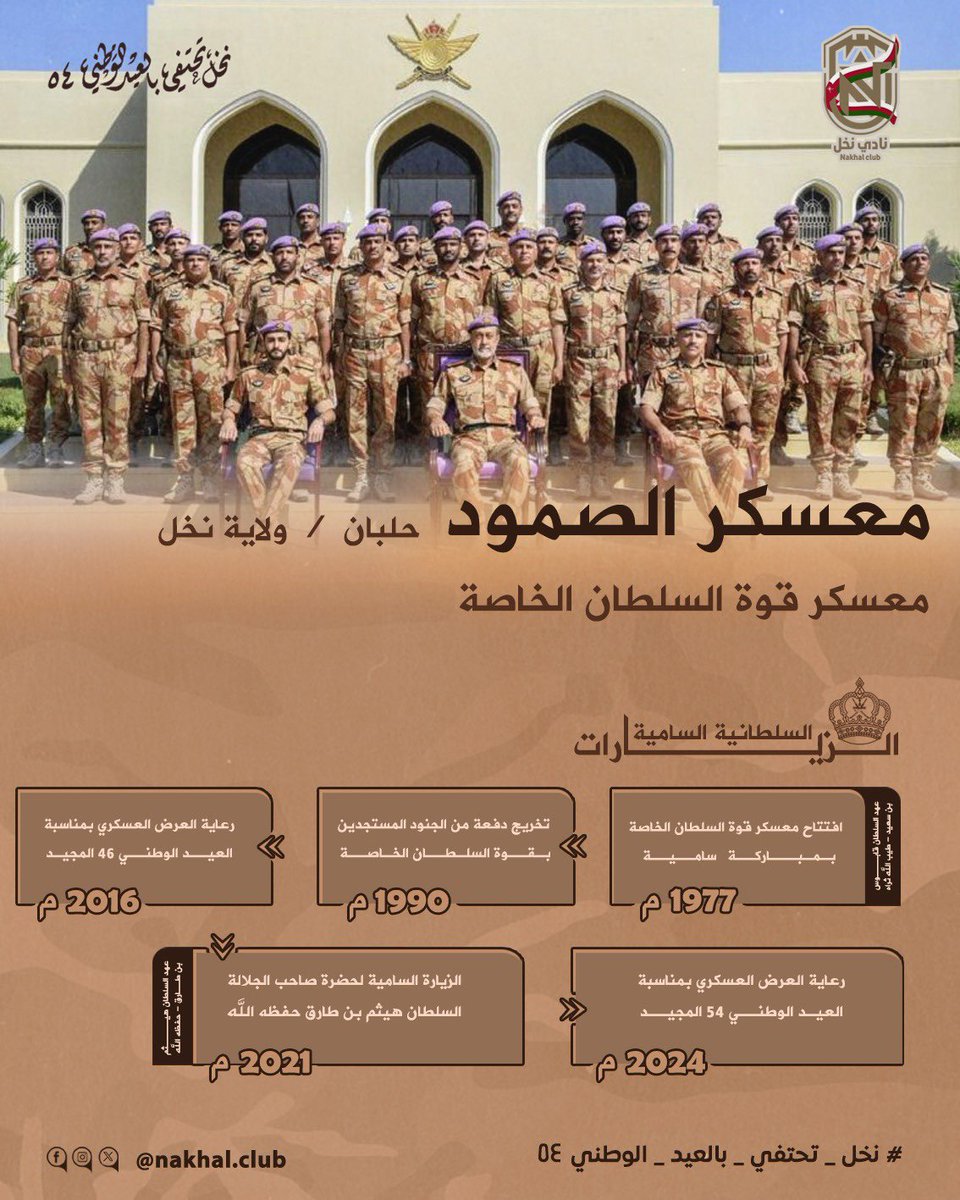 #سلطاننا_في_نخل 🇴🇲✨

بمشيئة اللهِ وتوفيقِه، جلالةُ السُّلطان المعظّم القائدُ الأعلى /حفظهُ اللهُ ورعاهُ/ يتفضّلُ فيشملُ برعايته السّامية الكريمة العرض العسكريّ الذي سيُقام بعد غدٍ الاثنين