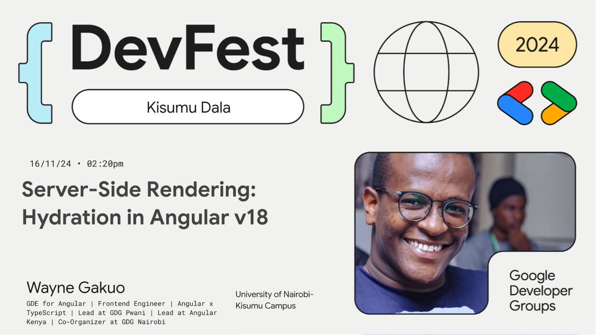 wayne_gakuo's tweet photo. Here to rant about SSR &amp; Hydration in @angular v18+ by the Lakeside.
#DevFestKisumuDala #DevFest2024 #Angular https://t.co/u6386p5ZEI