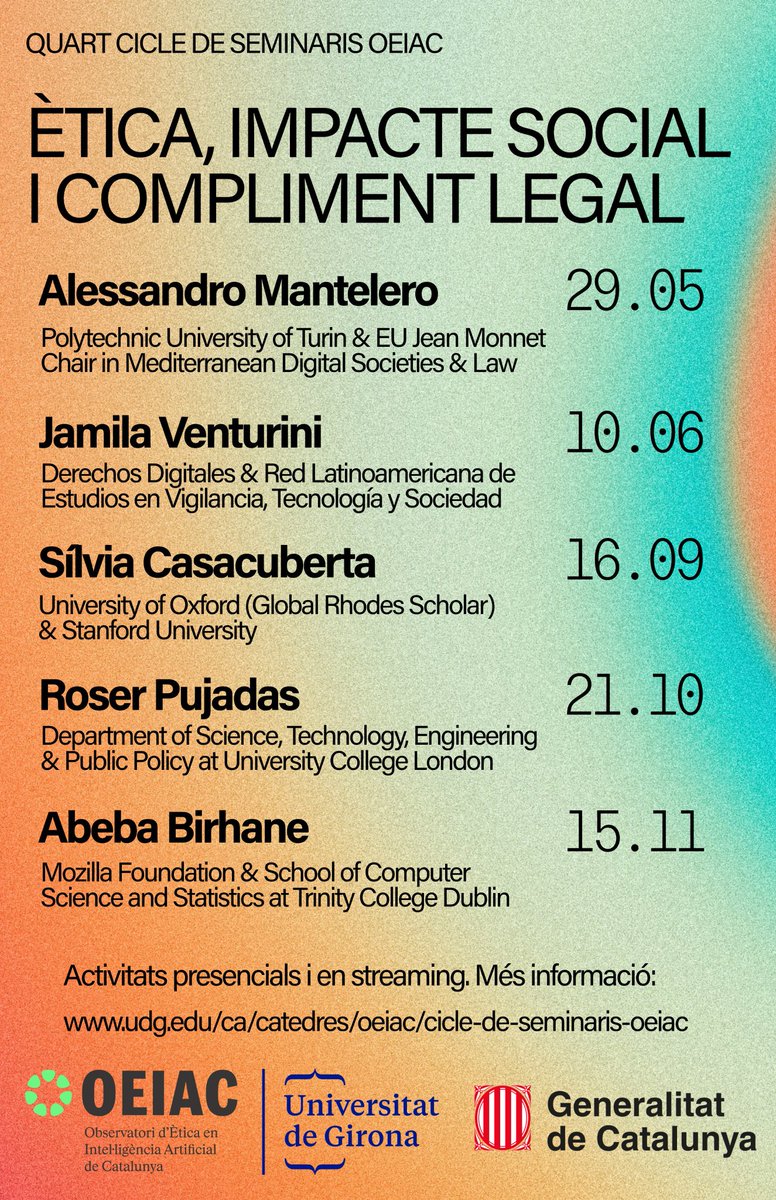 📢 Un cop finalitzat el #cicleOEIAC volem agrair a totes les persones ponents i assistents les contribucions d'enguany que demostren com la investigació acadèmica és fonamental per detectar vulnerabilitats dels sistemes d'IA, fomentar els usos ètics i garantir el compliment legal