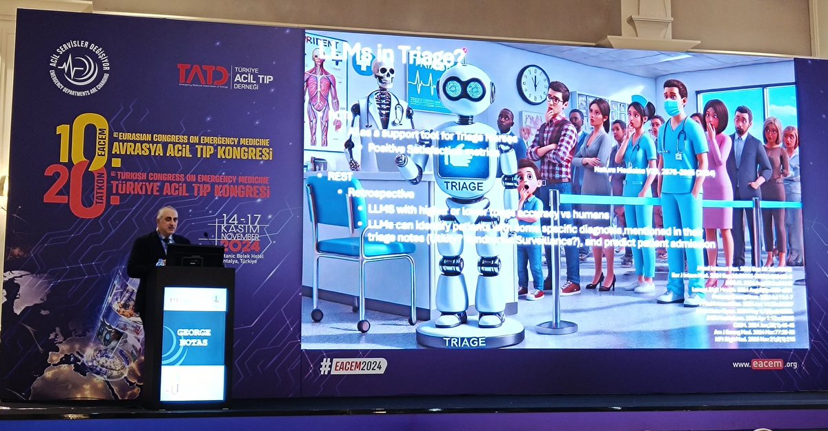 EACEM 2024 te Acil Servislerde Yapay Zekanın Etkinliği tartışılıyor. Dr. George Notas yakın zamanda yapay zekanın neden yerimizi alamayacağını anlatıyor.  #EACEM2024 #TATKON2024 #EACEM #TATKON #AcilServislerDeğişiyor #YeşilKongre